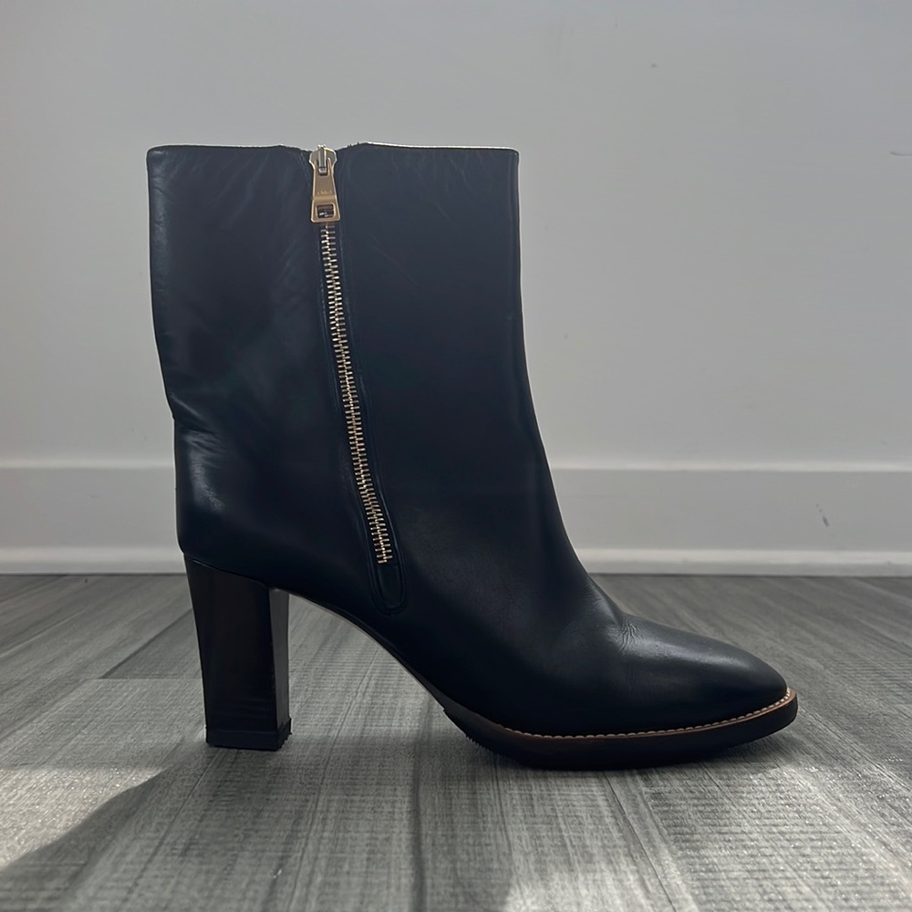 Chloe Black Leather Ankle Boots with Gold Zipper Accent